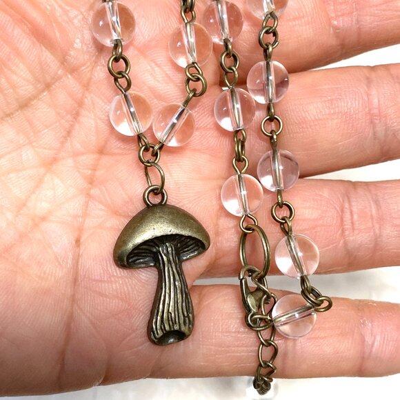 Genuine Clear Quartz Short Necklace, Bronze Slim Mushroom + Natural Gemstone - Picture 16 of 16